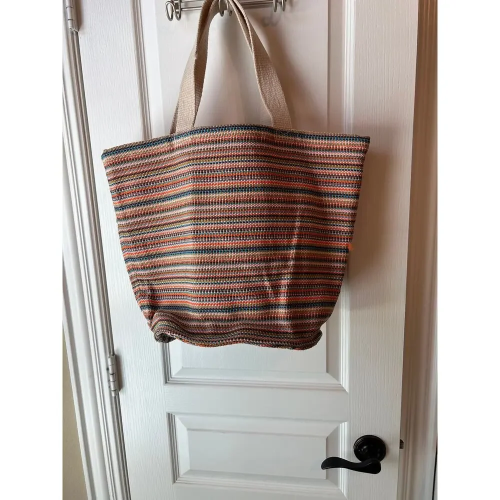 Beach Bag Striped Boho Orange Pom Pom Charm